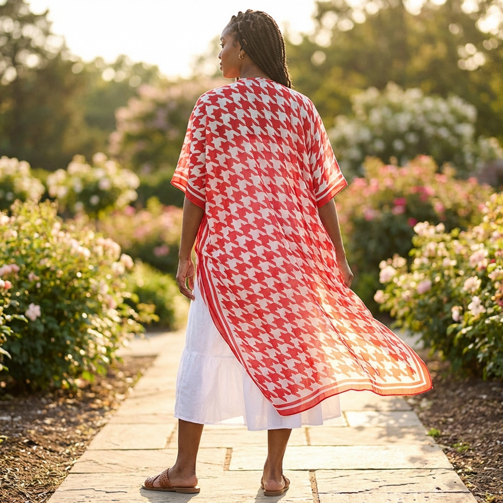 Woman wearing a red and white patterned cover-up over a white dress in a garden setting.