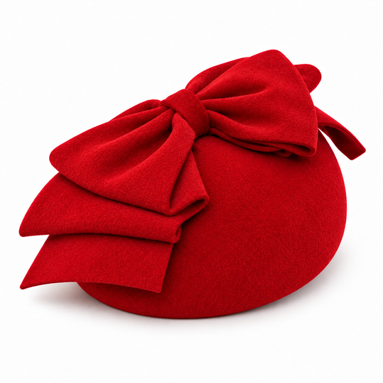 Red Wool Velour Pillbox Hat With Sculptural Bow
