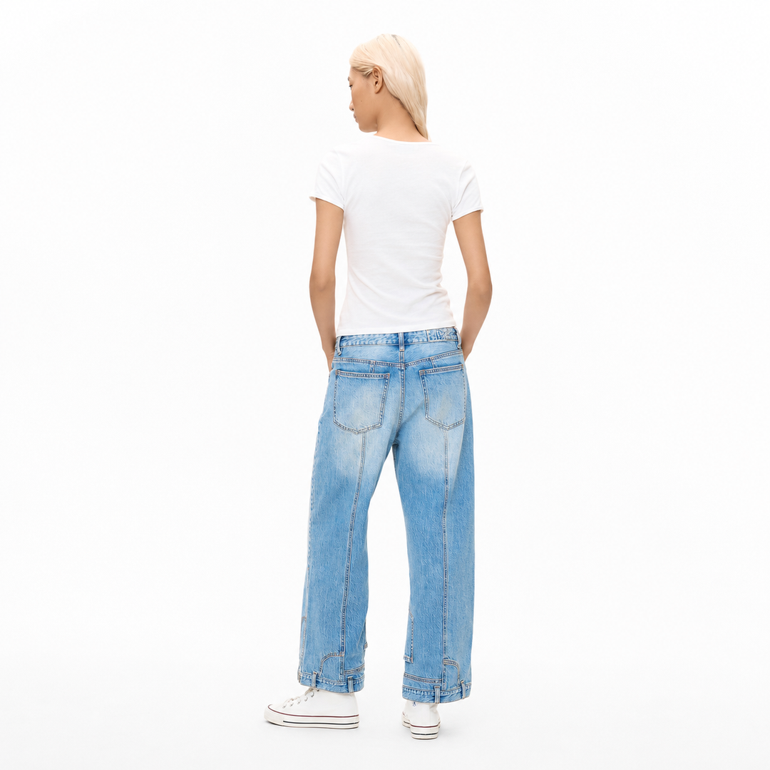 Washed Blue Seamed Wide-Leg Jeans