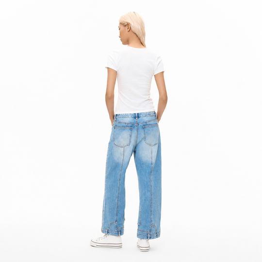 Washed Blue Seamed Wide-Leg Jeans
