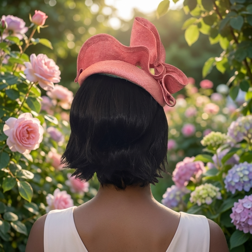 Salmon pink sinamay pillbox fascinator with sculptural bow detail.