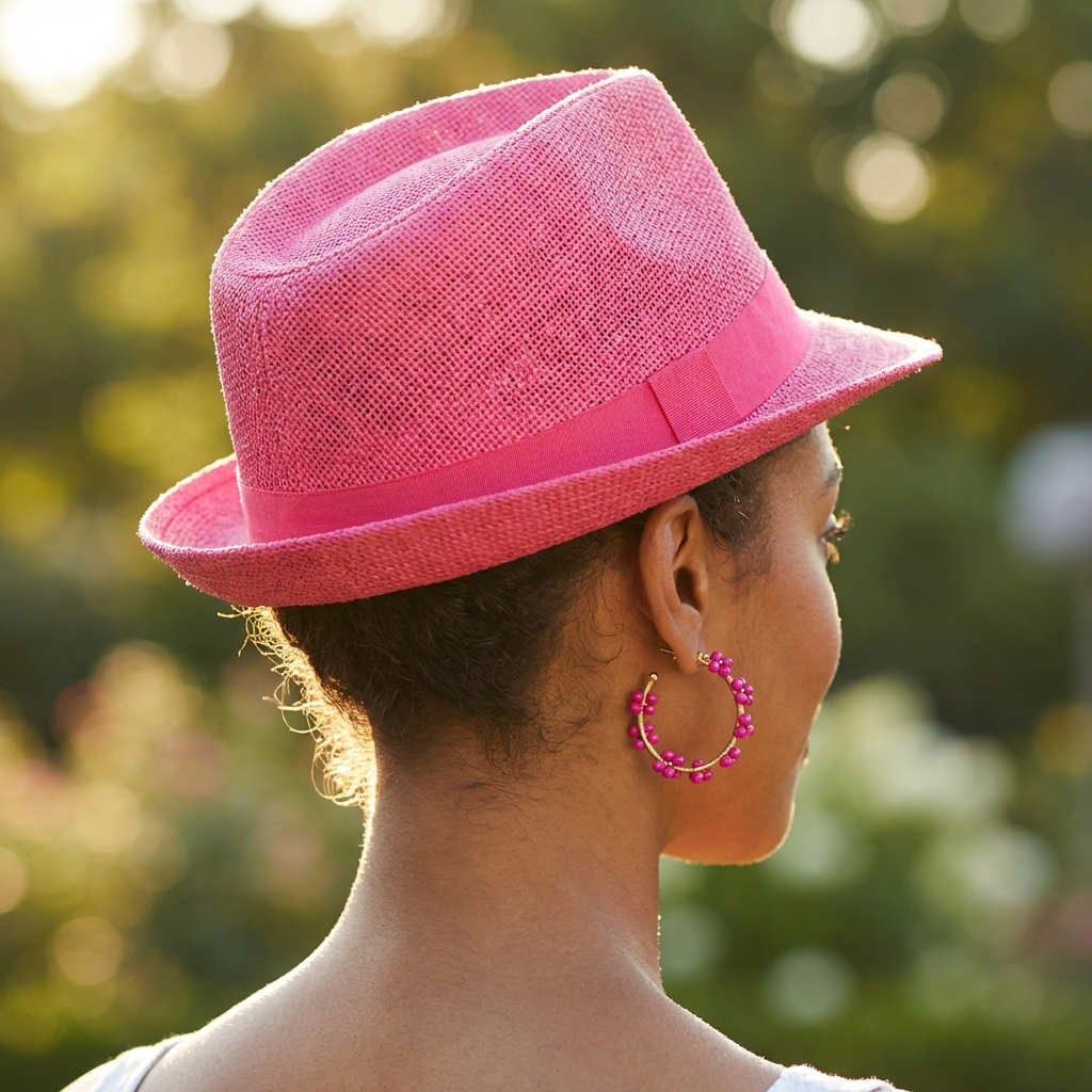 Person wearing a pink hat and earrings with a blurred green background