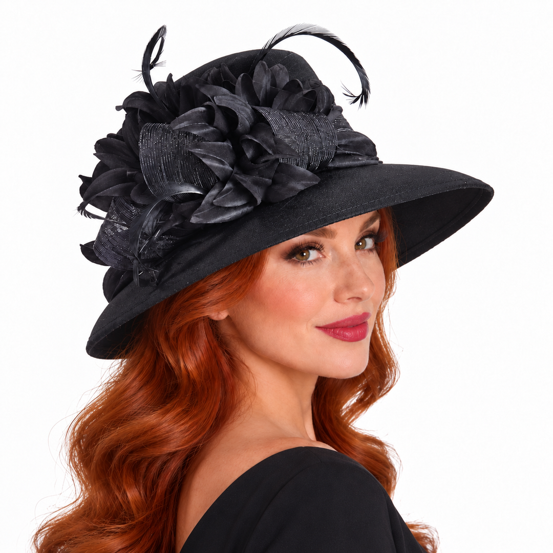 Wool Felt Wide Brim Hat with Floral Trim: Black