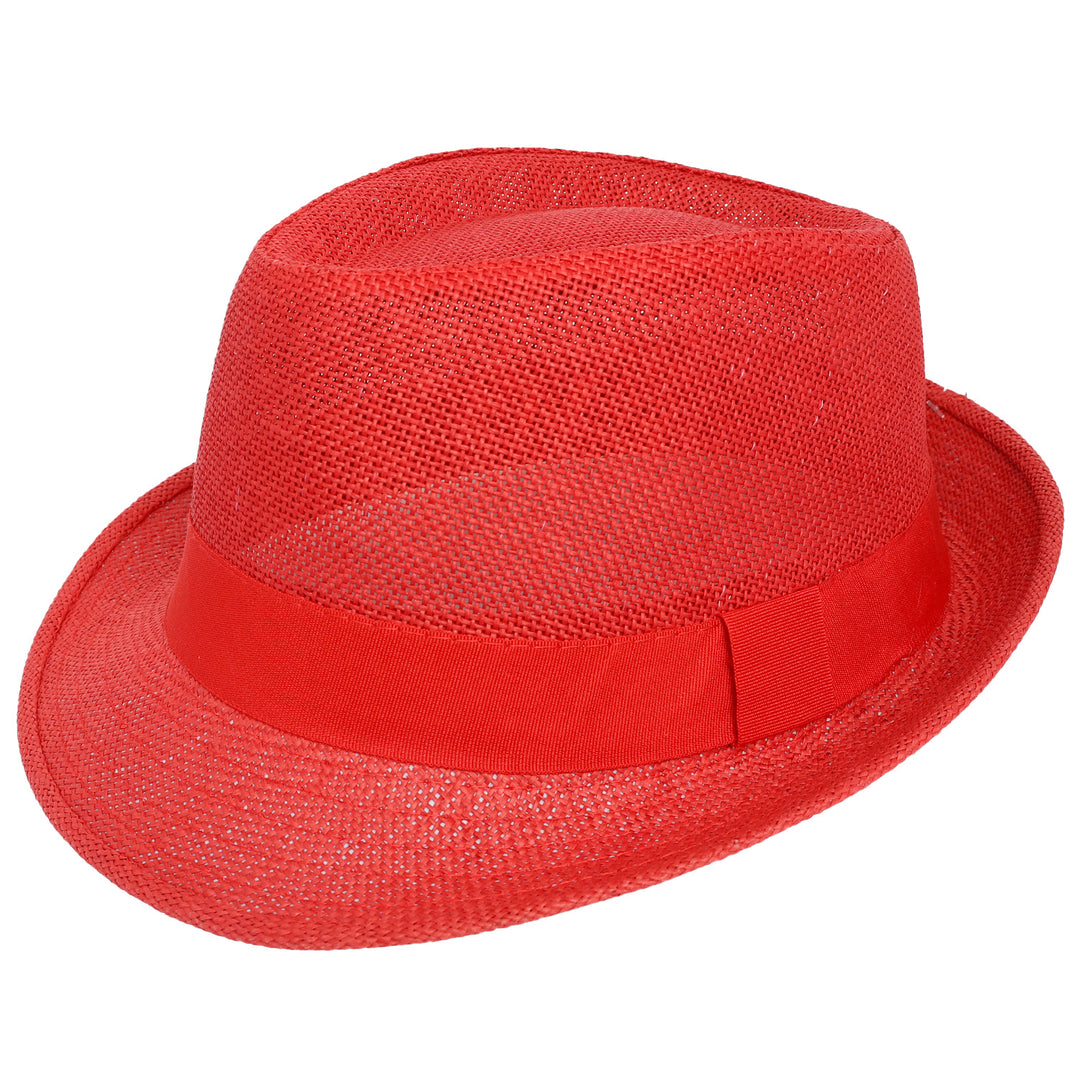 Red straw hat with a red band on a white background