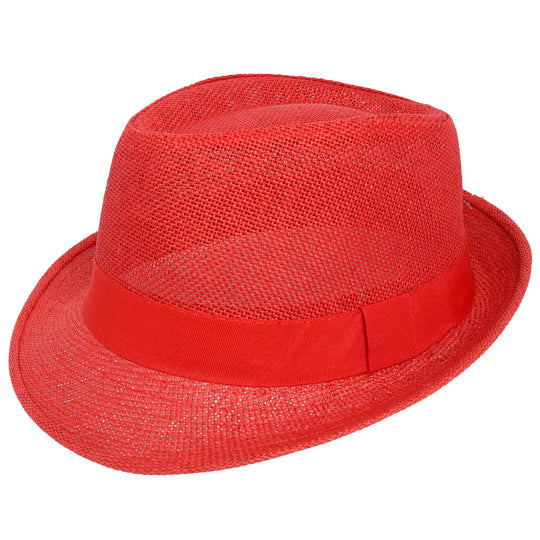 Red straw hat with a red band on a white background