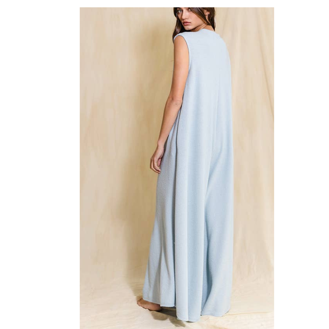 Wide Leg Button-up Loose Fit Solid Jumpsuit: Sky Blue