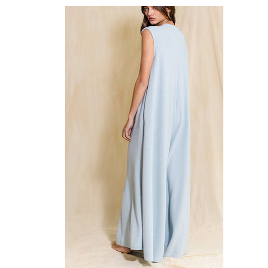 Wide Leg Button-up Loose Fit Solid Jumpsuit: Sky Blue