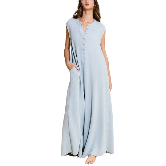 Wide Leg Button-up Loose Fit Solid Jumpsuit: Sky Blue