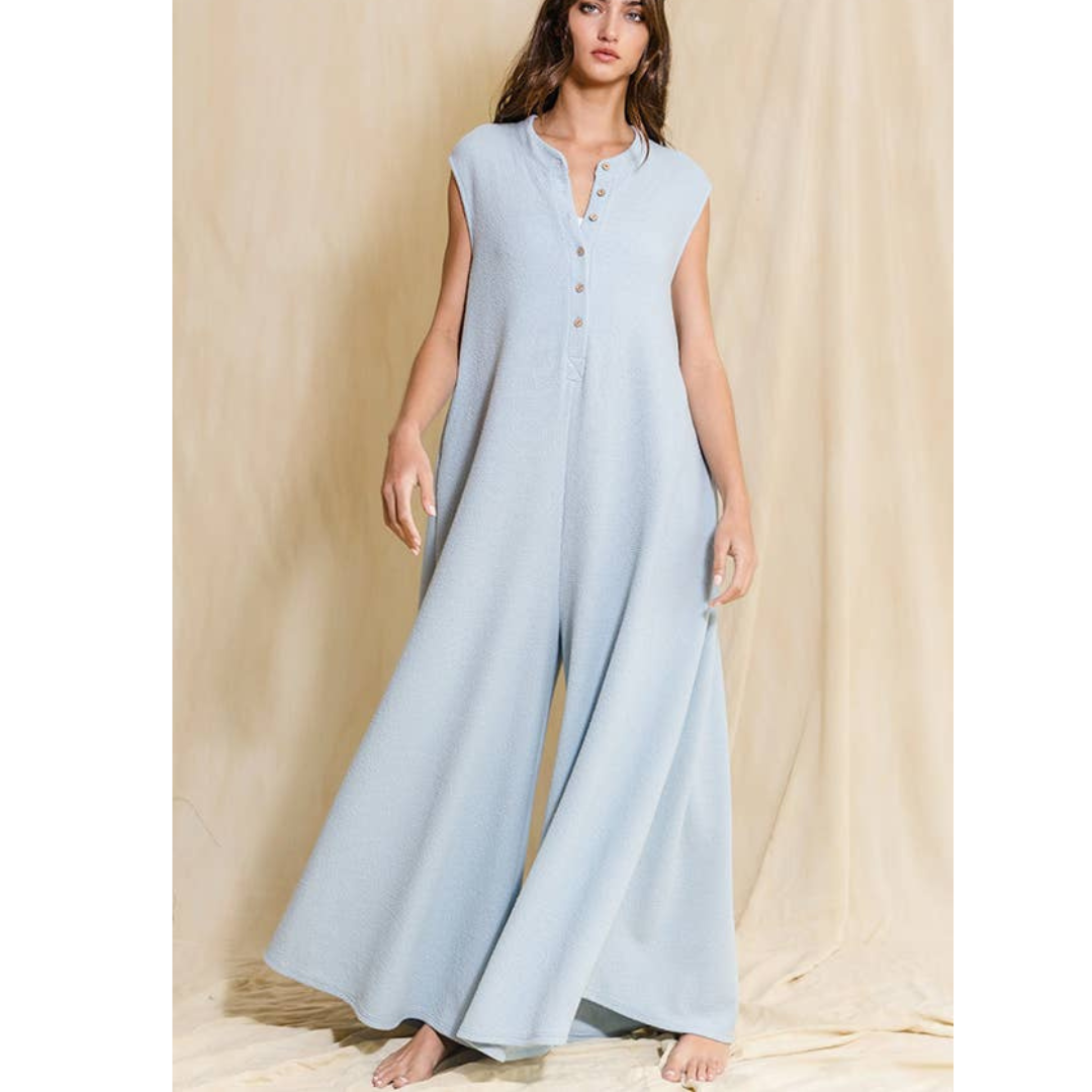 Wide Leg Button-up Loose Fit Solid Jumpsuit: Sky Blue