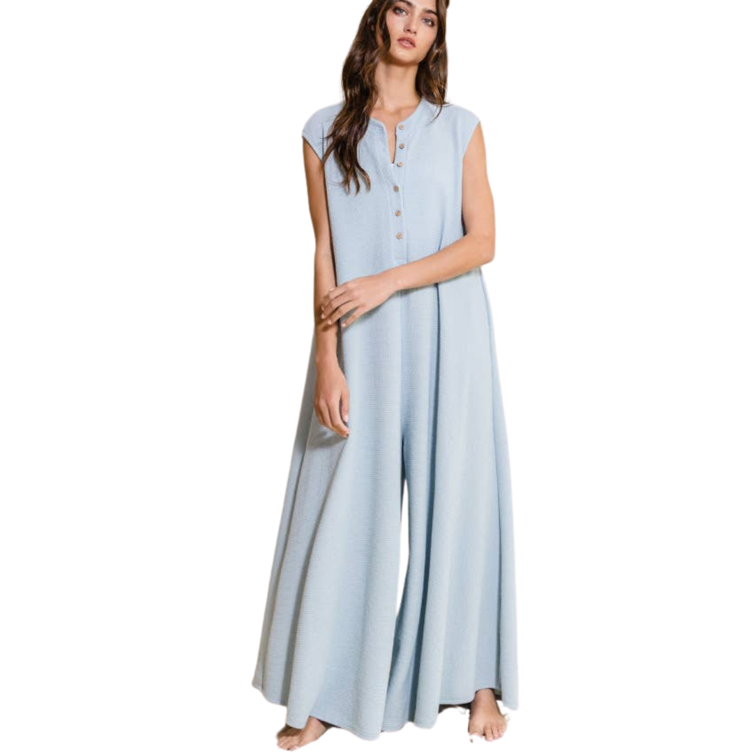 Wide Leg Button-up Loose Fit Solid Jumpsuit: Sky Blue