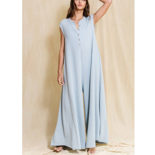 Wide Leg Button-up Loose Fit Solid Jumpsuit: Sky Blue