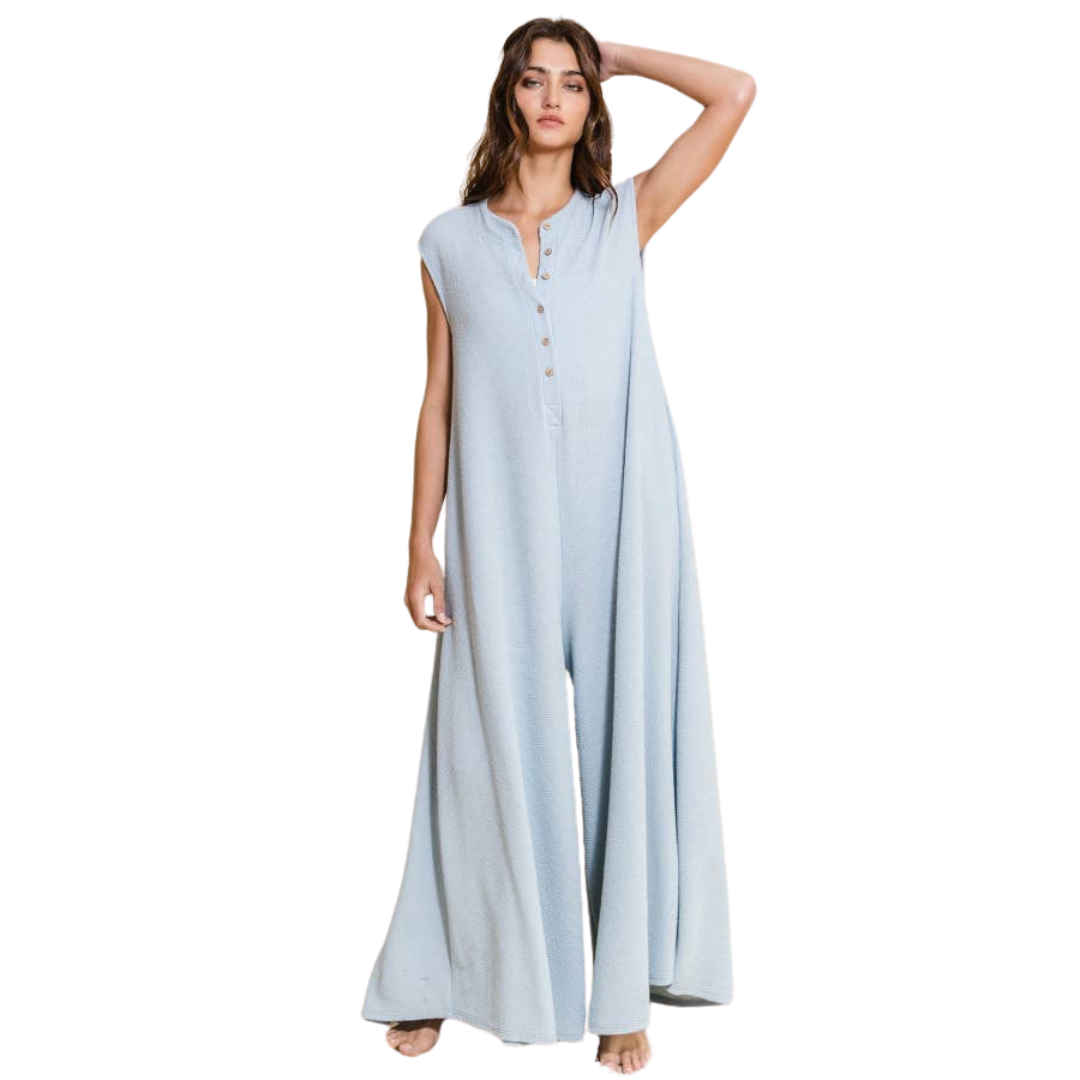 Wide Leg Button-up Loose Fit Solid Jumpsuit: Sky Blue