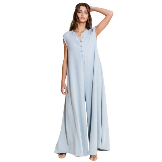 Wide Leg Button-up Loose Fit Solid Jumpsuit: Sky Blue