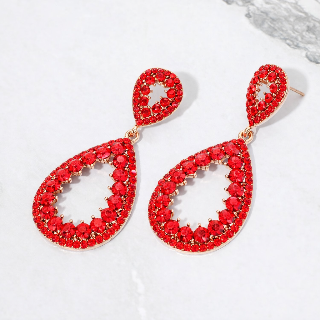 Crystal Teardrop Open Dangle Earrings – Red Rhinestone