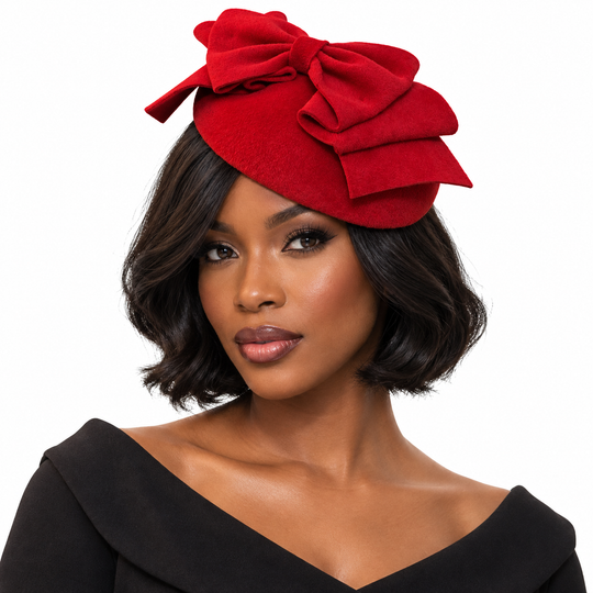 Red Wool Velour Pillbox Hat With Sculptural Bow