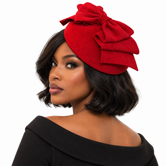 Red Wool Velour Pillbox Hat With Sculptural Bow