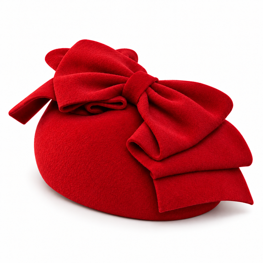 Red Wool Velour Pillbox Hat With Sculptural Bow