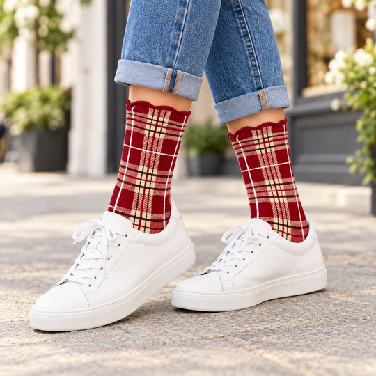 Classic Plaid Lettuce Edge Crew Socks: Red