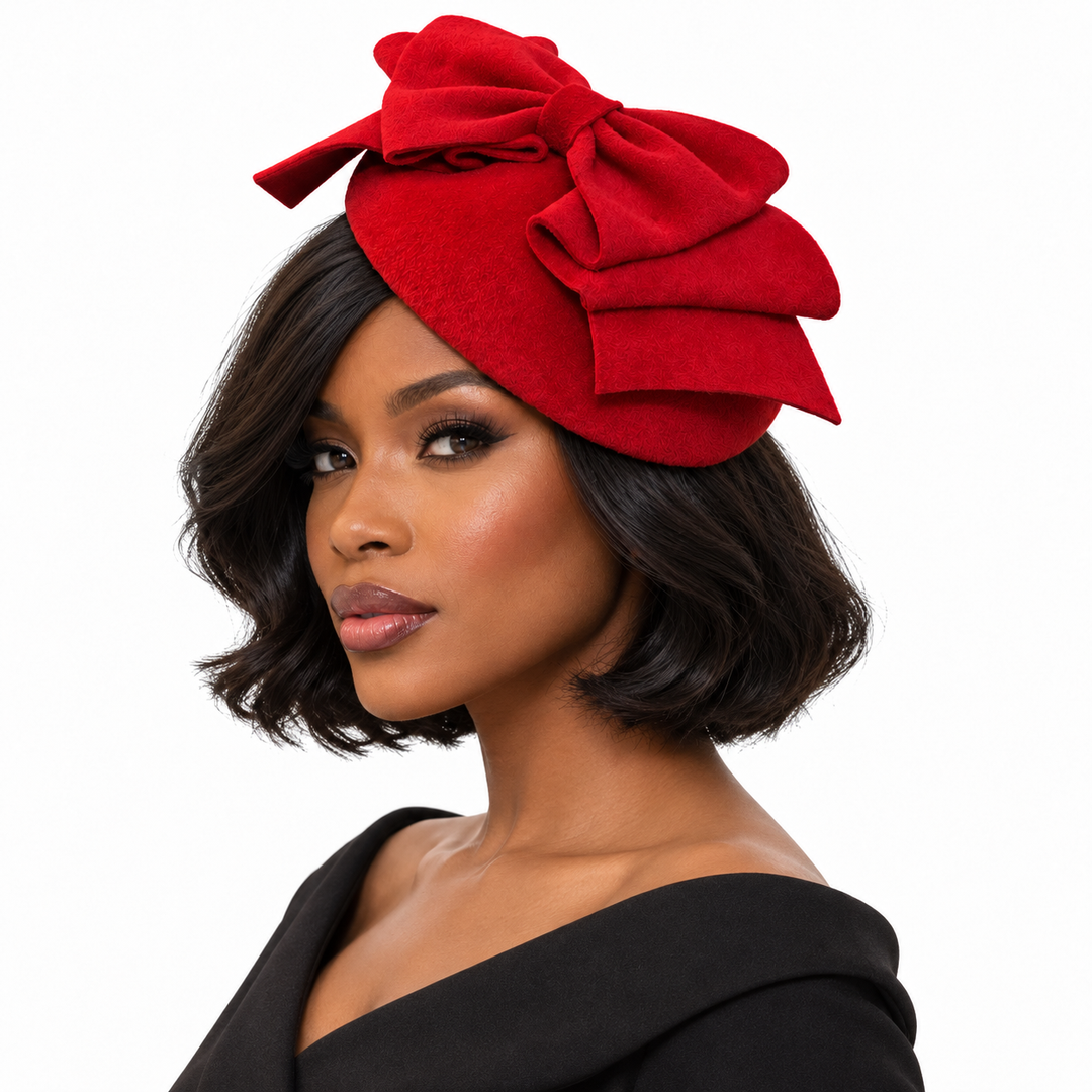 Red Wool Velour Pillbox Hat With Sculptural Bow