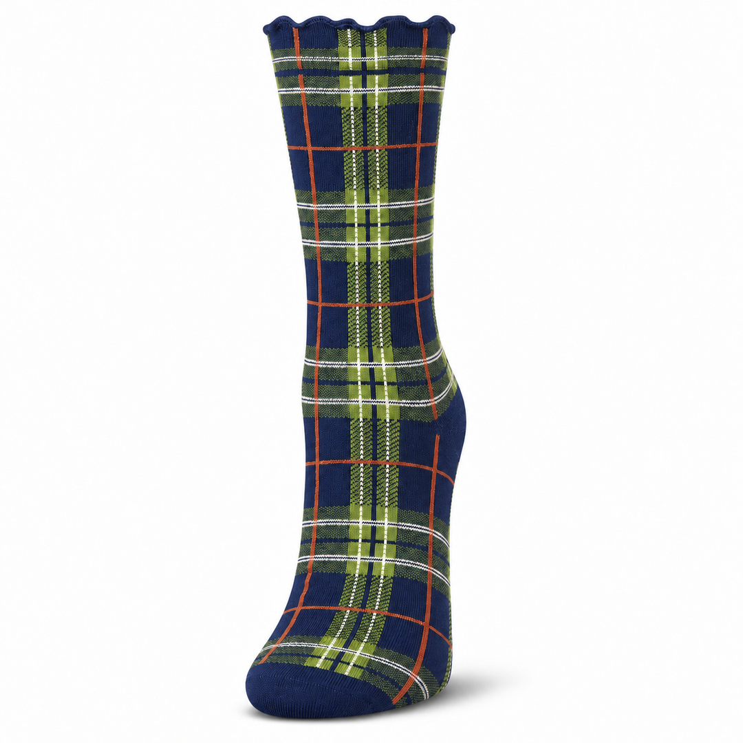 Classic Plaid Lettuce Edge Crew Socks: Navy