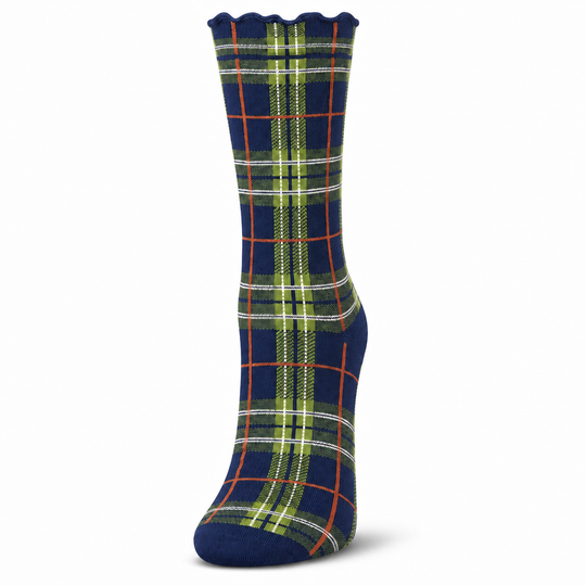 Classic Plaid Lettuce Edge Crew Socks: Navy