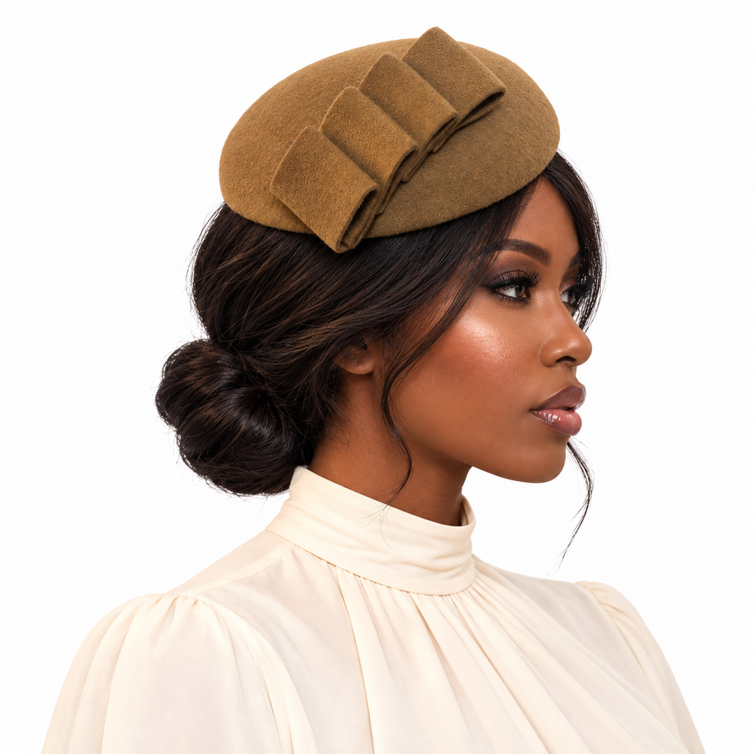 Khaki Wool Velour Sculptural Pillbox Hat