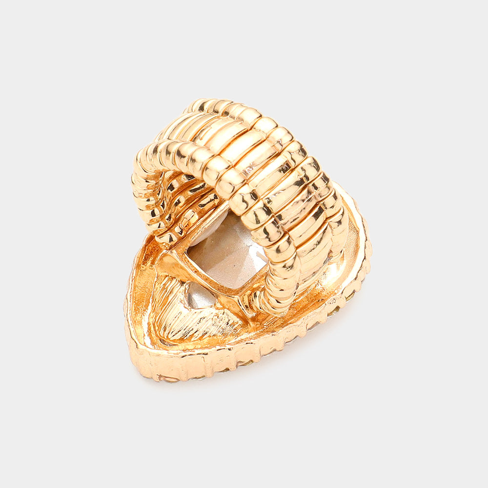 Red Crystal Teardrop Stretch Cocktail Ring – Gold Tone Statement Ring
