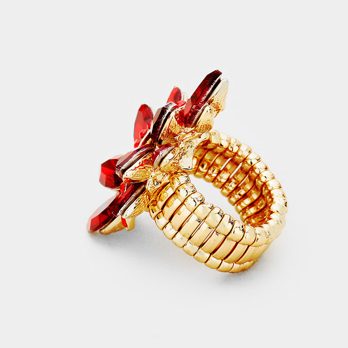 Red Crystal Leaf Stretch Cocktail Ring