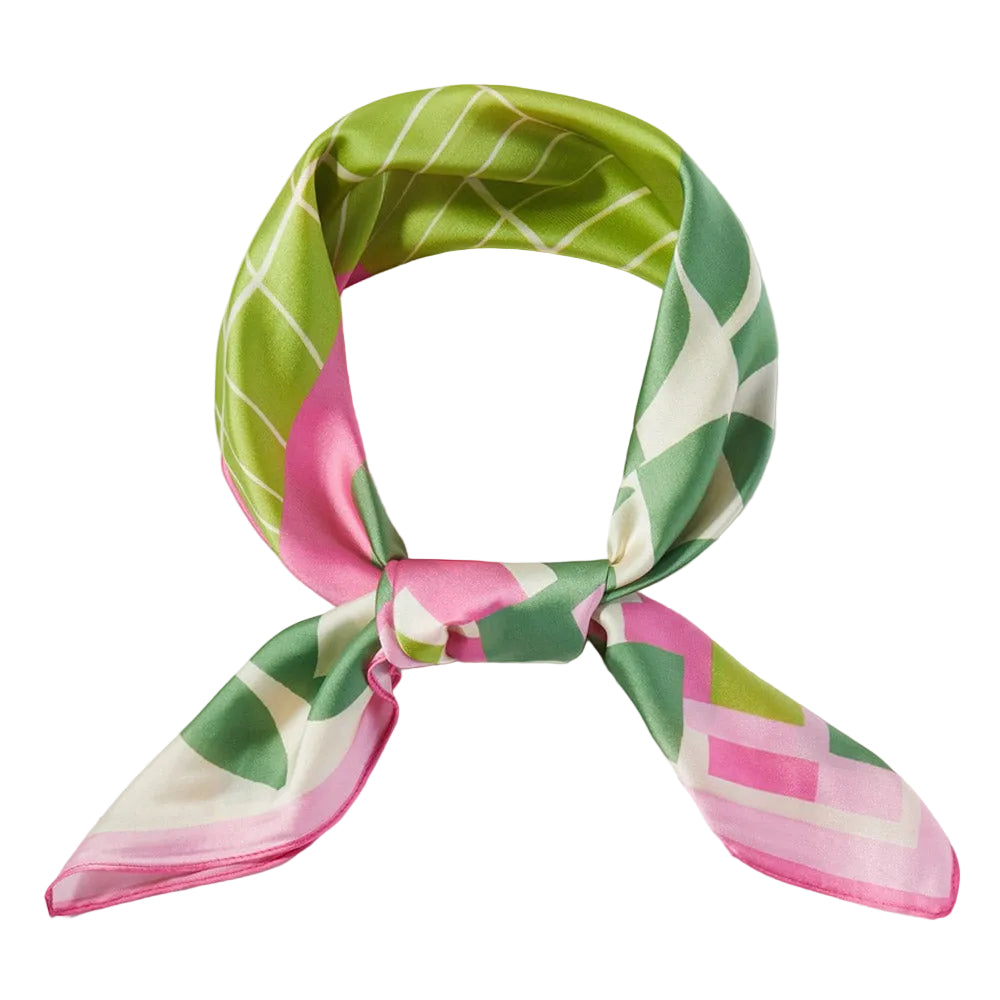 Pink green and white geometric print square bandana scarf styled on white background model, 27.5x27.5 .