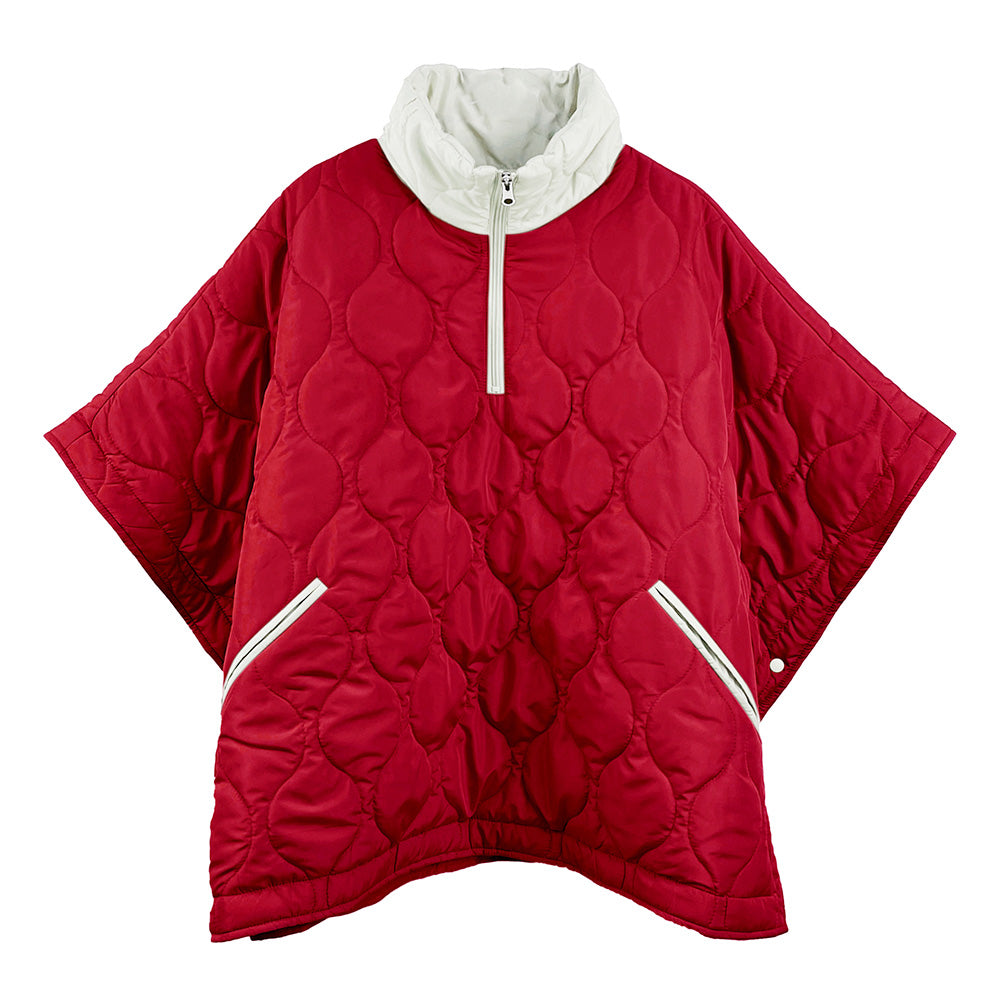 Quilted Zipper-Front Poncho – Red | Oversized Warm Layer for Fall & Winter