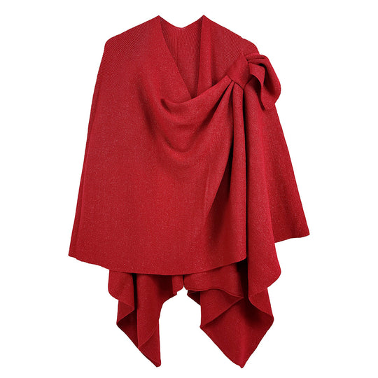 Elegant Side Bow Drape Poncho – Red
