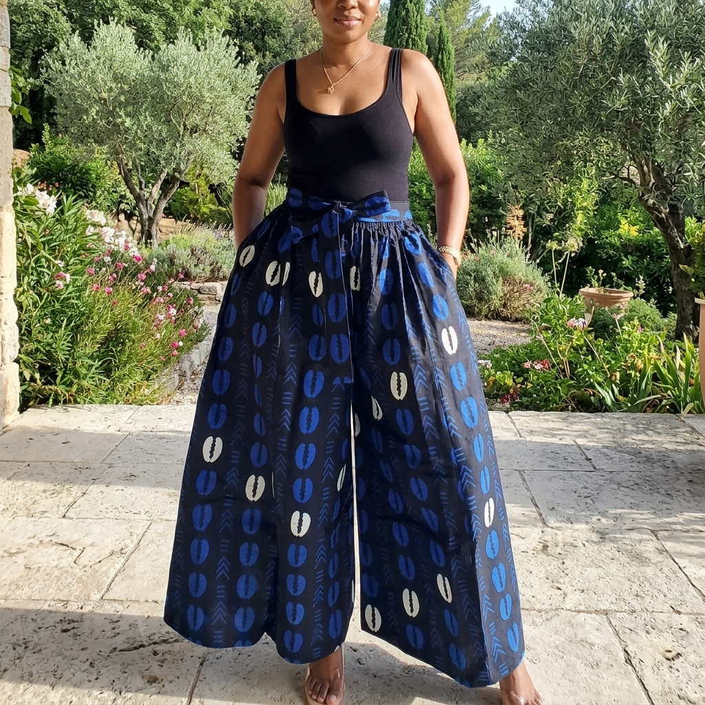 African Shell Print Palazzo Pants – Blue Multitone
