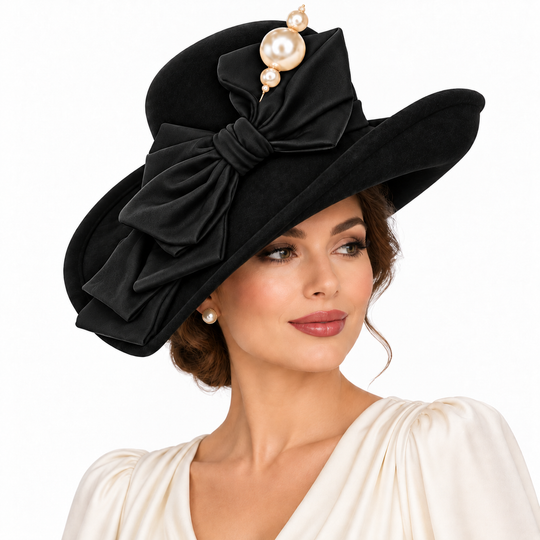 Black Wool Hat with Black Bow and Pearl Trim