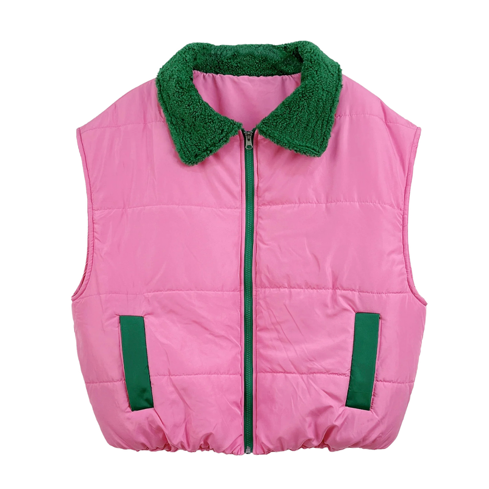 A pink and green puffy vest with a sherpa collar and quilted design, displayed against a white background.