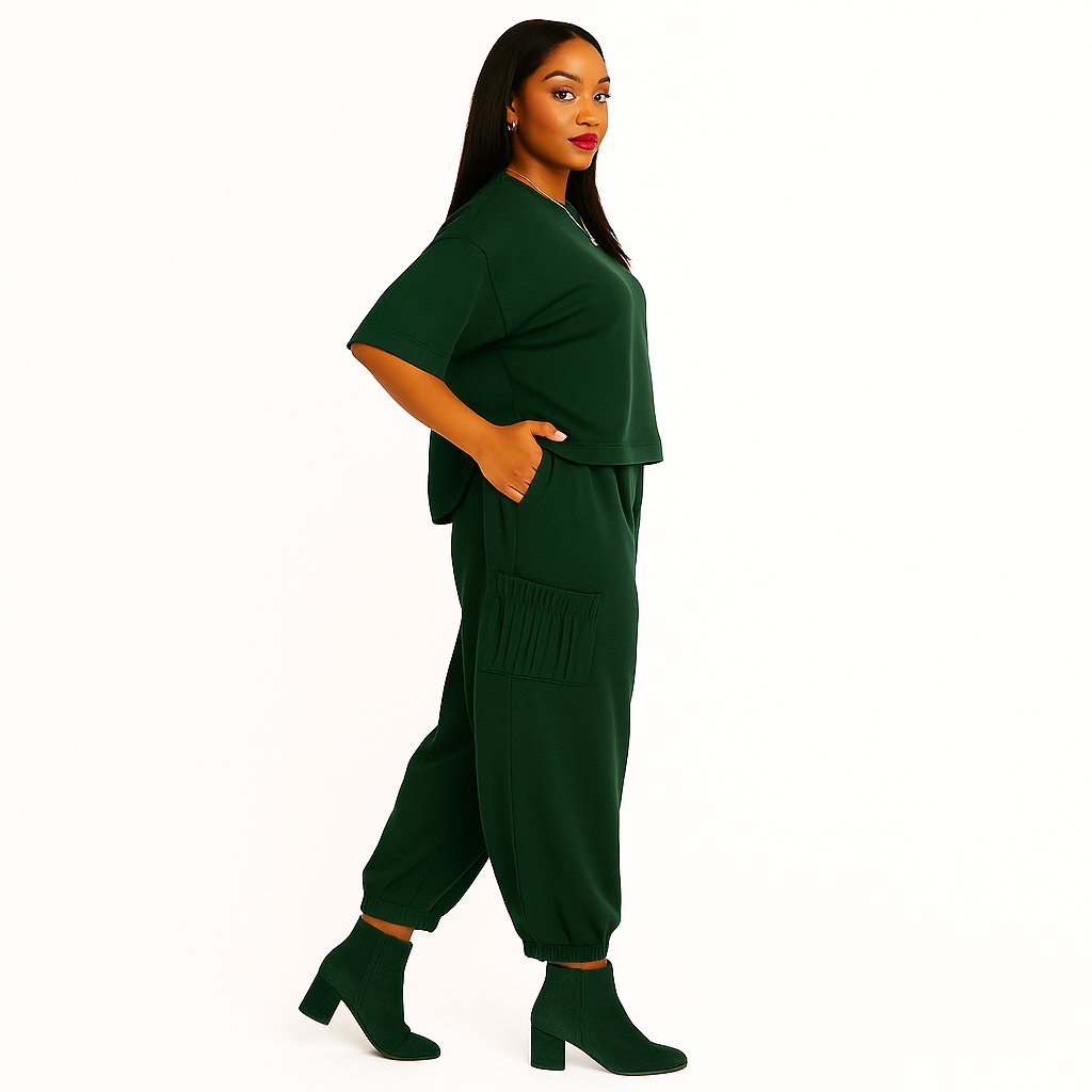 Woman wearing a green outfit on a white background