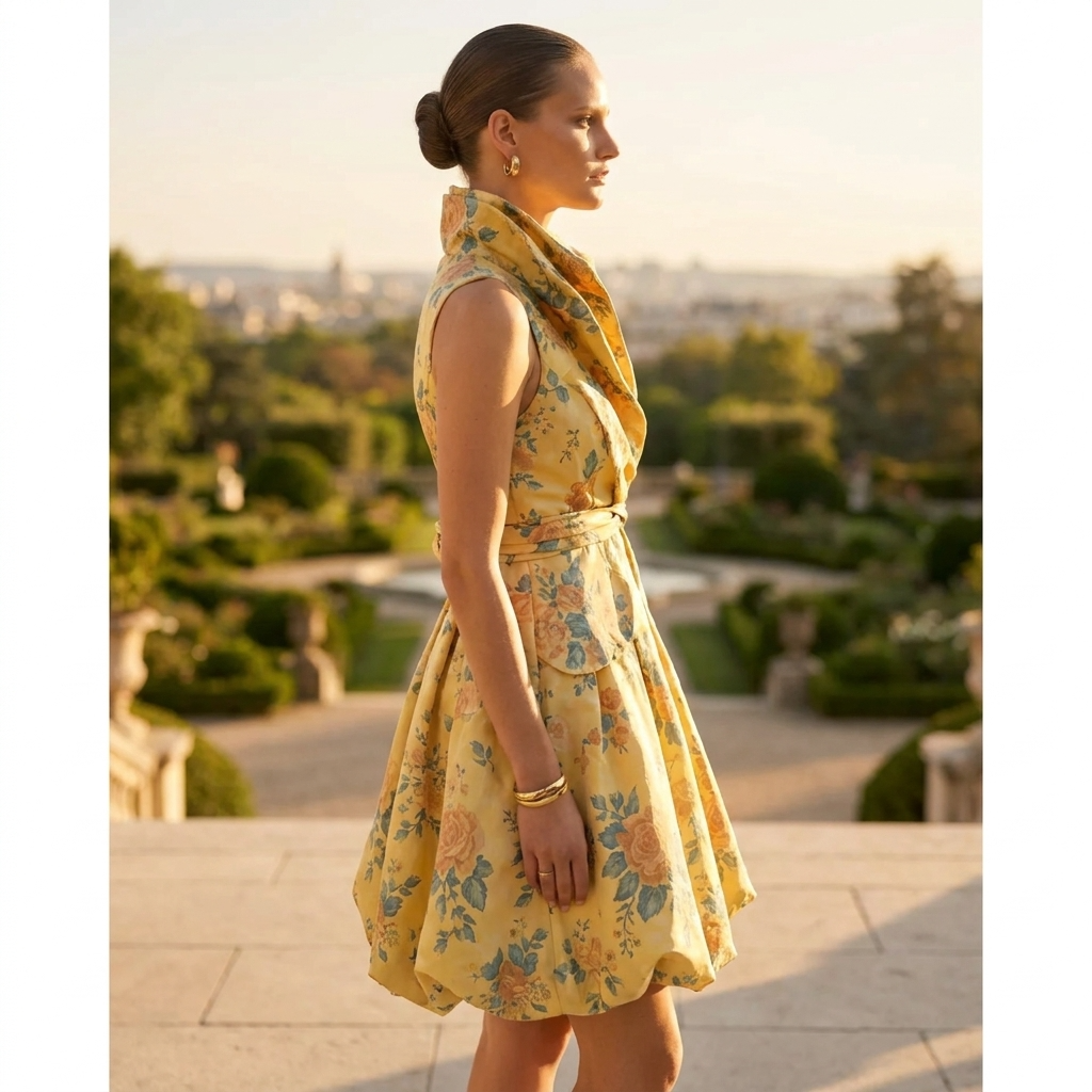 Woman in a yellow floral dress standing in an outdoor setting with greenery and a cityscape.
