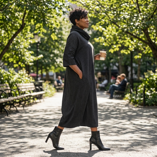 Scilla Charcoal Cocoon Midi Dress with Cowl Collar