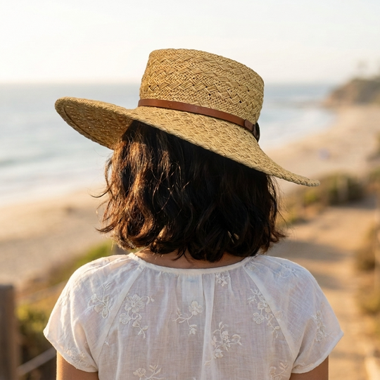 Natural woven straw hat with wide brim and brown concho-style band