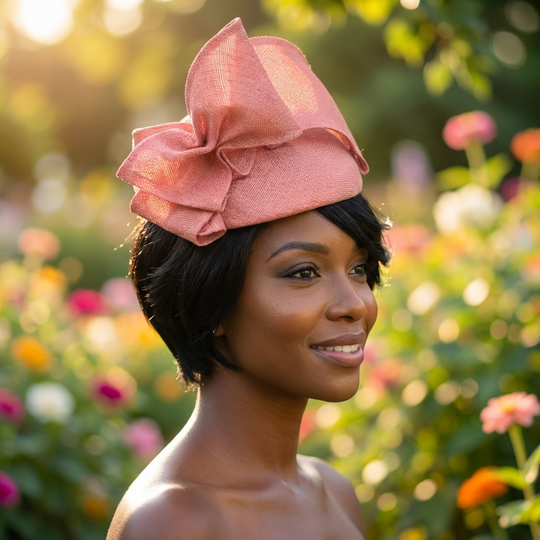 Salmon pink sinamay pillbox fascinator with sculptural bow detail.