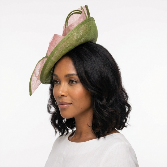 Pink & Green Sinamay Saucer Fascinator Hat
