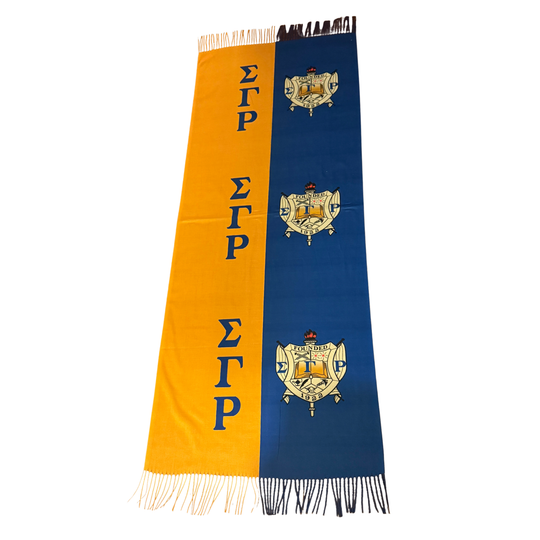 Sigma Gamma Rho scarf with orange and blue stripes, fringes, and logos on a white background