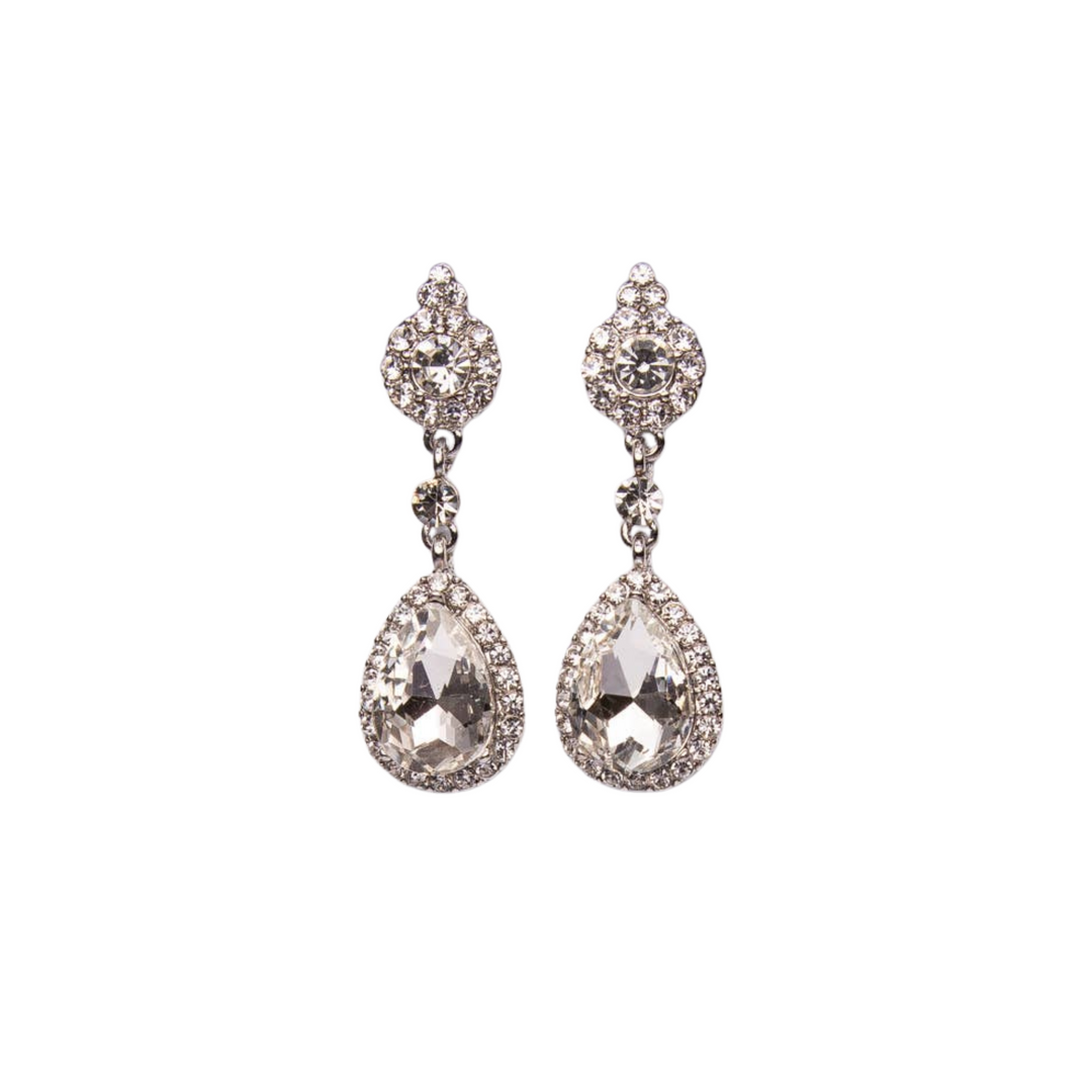 Pair of teardrop-shaped earrings with clear gemstones on a white background