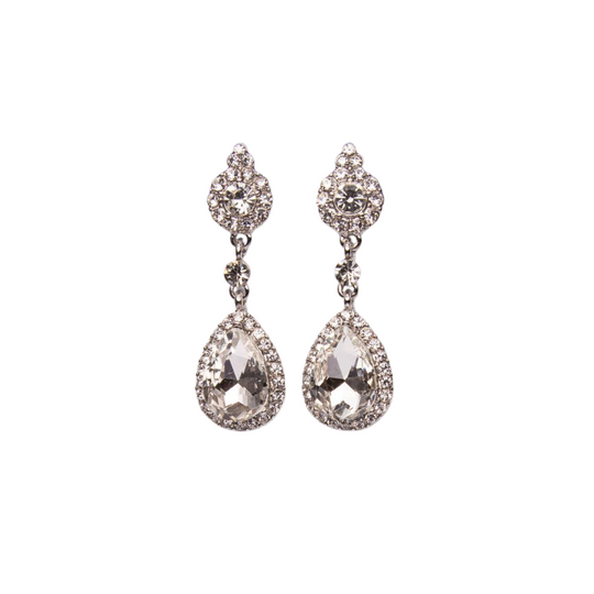 Pair of teardrop-shaped earrings with clear gemstones on a white background