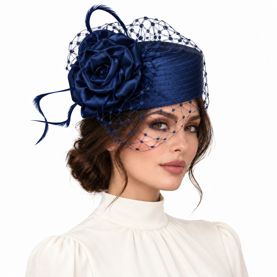 Pillbox Hat with Veil and Flower: Navy