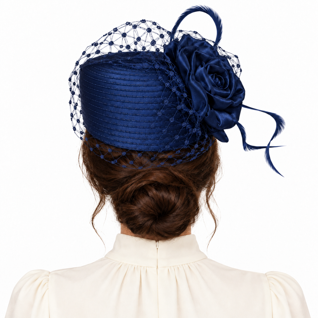 Pillbox Hat with Veil and Flower: Navy