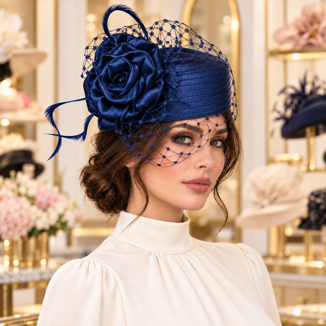 Pillbox Hat with Veil and Flower: Navy