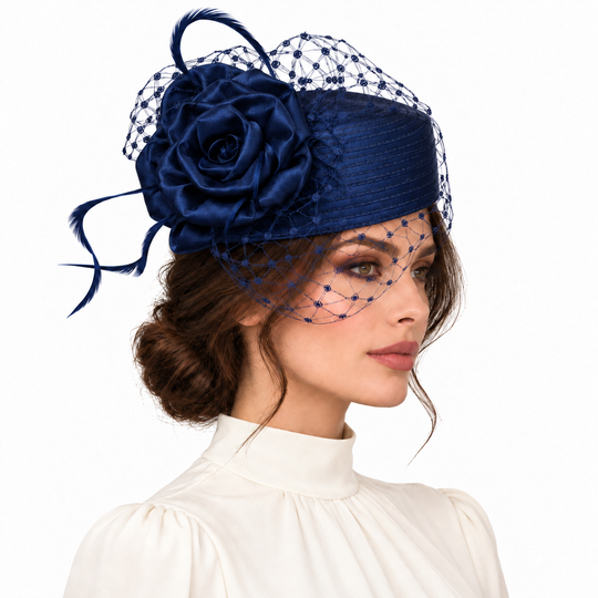 Pillbox Hat with Veil and Flower: Navy