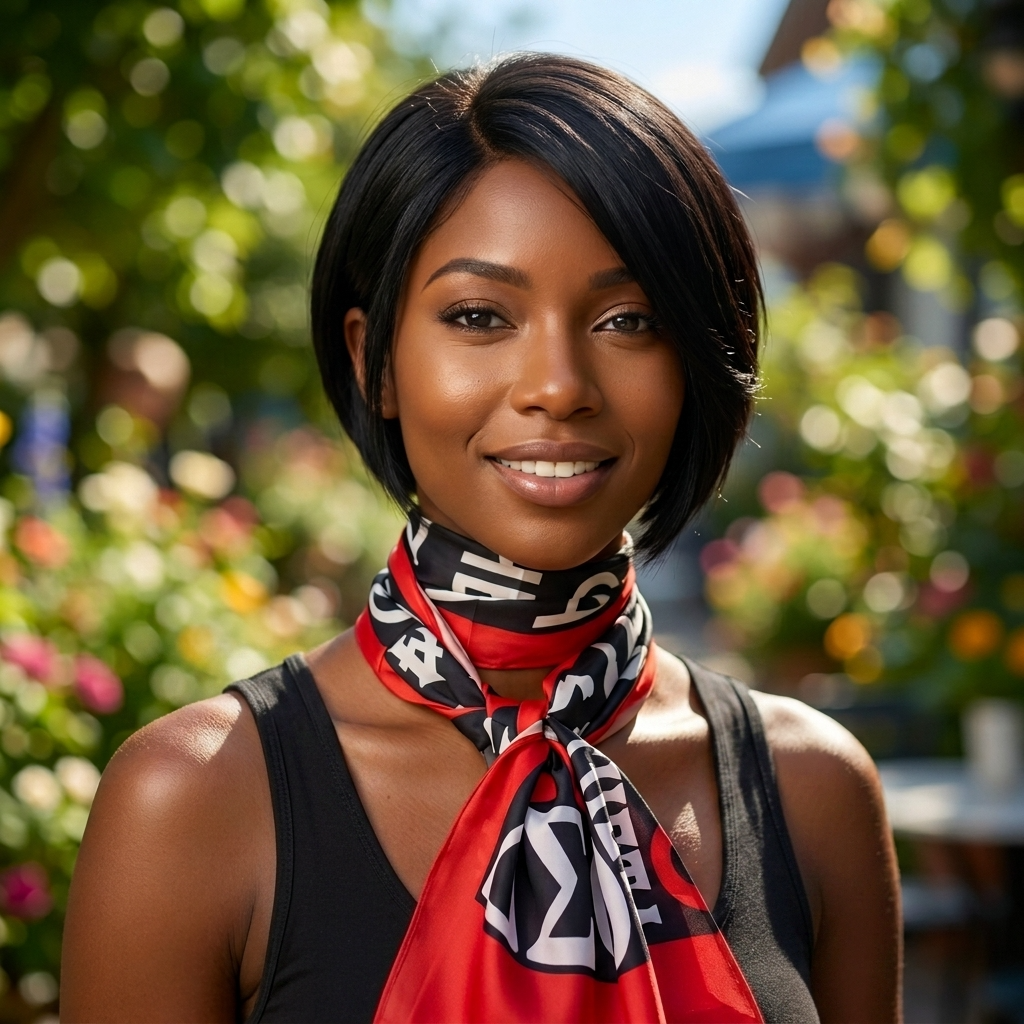 Delta Sigma Theta 1913 lightweight red and black symbol scarf styled on model.