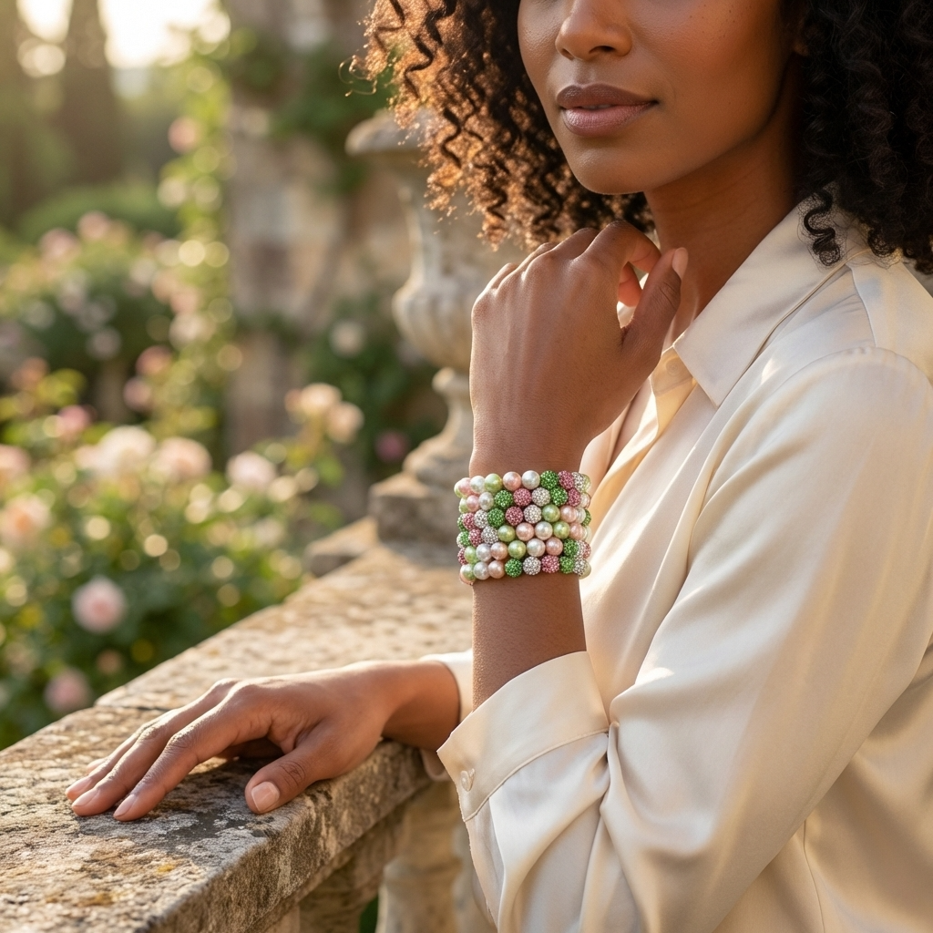Pulseras de perlas rosas y verdes inspiradas en hermandades
