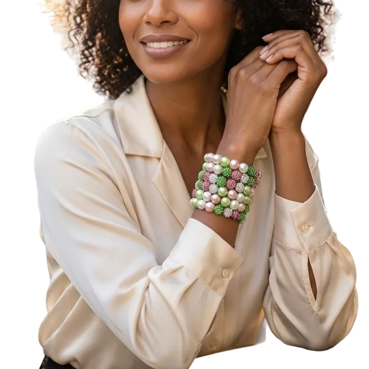 Pink and green multi wrap memory wire bracelet with crystal pave beads and pearl accents